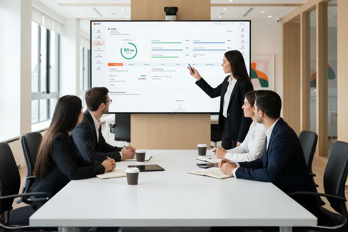 Professional marketing team collaborating on AI-powered brand visibility strategies