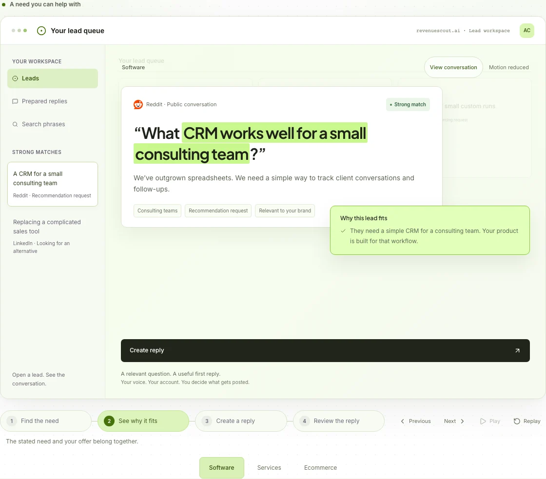 Revenue Scout demo: a public question, why it fits, and a tool to create a reply
